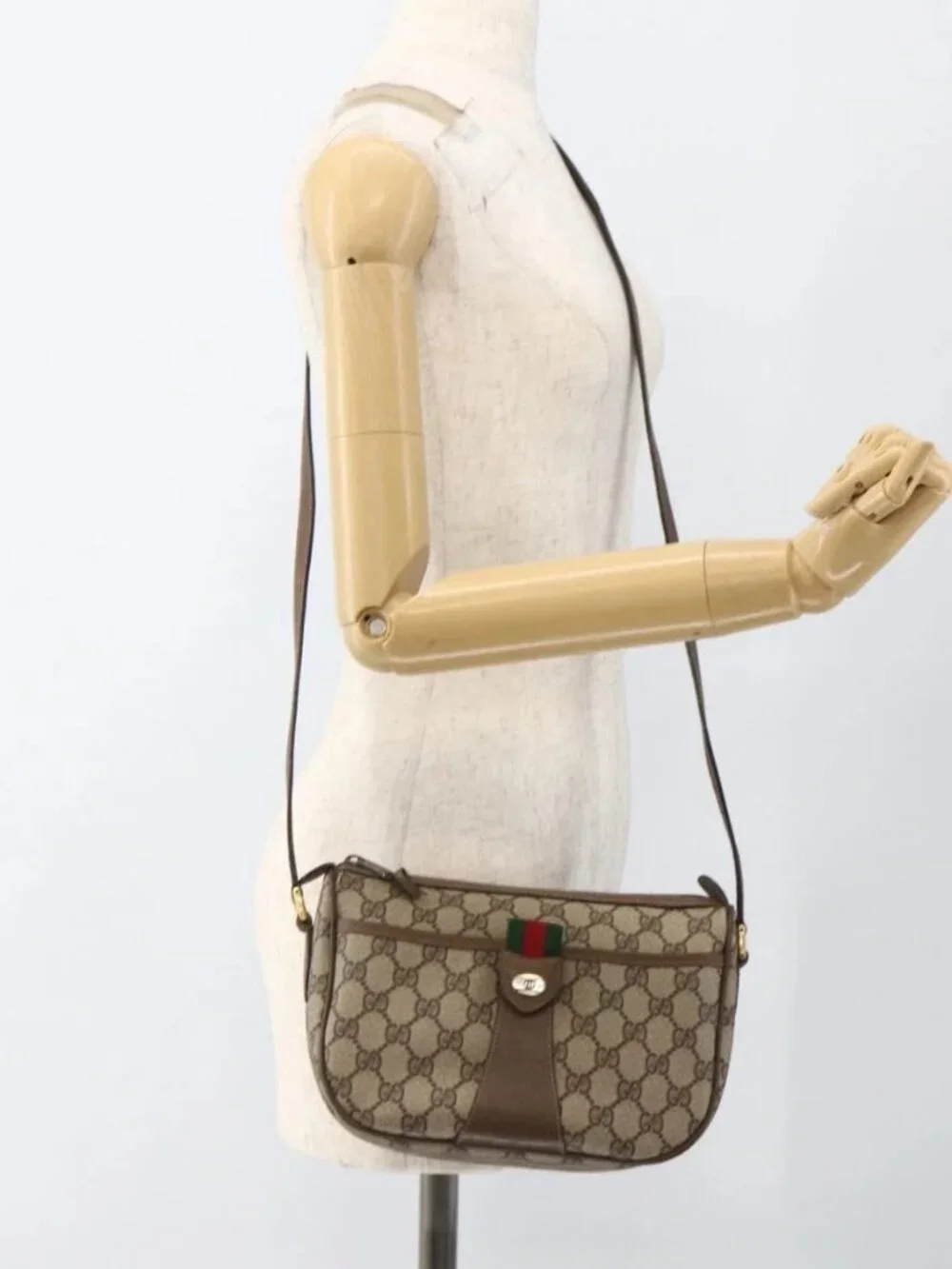 GUCCI GG Supreme Web Sherry Line Bag PVC Beige Gold 89 02 032 Auth YKZ450